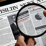 **

A person meticulously analyzing news articles with a magnifying glass, highlighting key phrases and cross-referencing sources on a digital tablet. The scene emphasizes critical evaluation of information and source verification in the age of information overload. Multiple news headlines subtly warped or distorted in the background, hinting at misinformation.
**