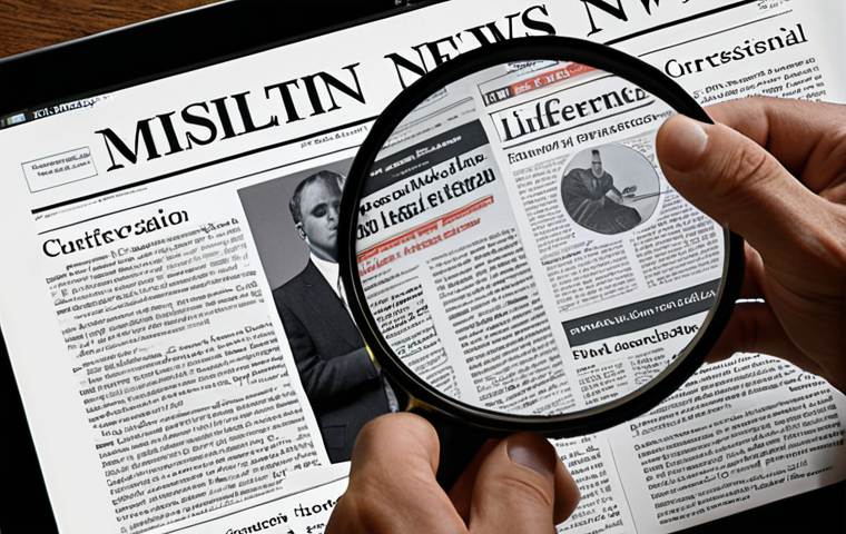 **

A person meticulously analyzing news articles with a magnifying glass, highlighting key phrases and cross-referencing sources on a digital tablet. The scene emphasizes critical evaluation of information and source verification in the age of information overload. Multiple news headlines subtly warped or distorted in the background, hinting at misinformation.
**