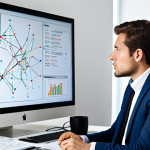 A professional individual, fully clothed in a modest business suit, sitting focused at a modern office desk. They are meticulously analyzing complex data displayed on a large screen, with elements of a mind map visible on a secondary monitor and in a physical notebook. The well-lit, minimalist office background enhances the atmosphere of deep thought and systematic organization. safe for work, appropriate content, perfect anatomy, correct proportions, natural pose, well-formed hands, proper finger count, natural body proportions, professional photography, high quality.