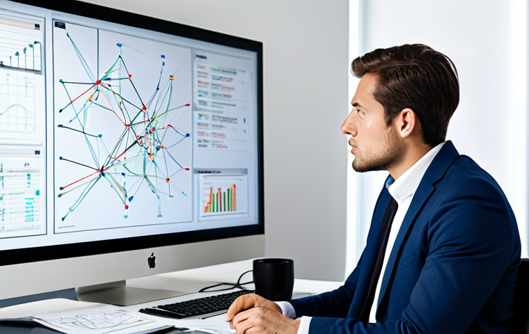 A professional individual, fully clothed in a modest business suit, sitting focused at a modern office desk. They are meticulously analyzing complex data displayed on a large screen, with elements of a mind map visible on a secondary monitor and in a physical notebook. The well-lit, minimalist office background enhances the atmosphere of deep thought and systematic organization. safe for work, appropriate content, perfect anatomy, correct proportions, natural pose, well-formed hands, proper finger count, natural body proportions, professional photography, high quality.